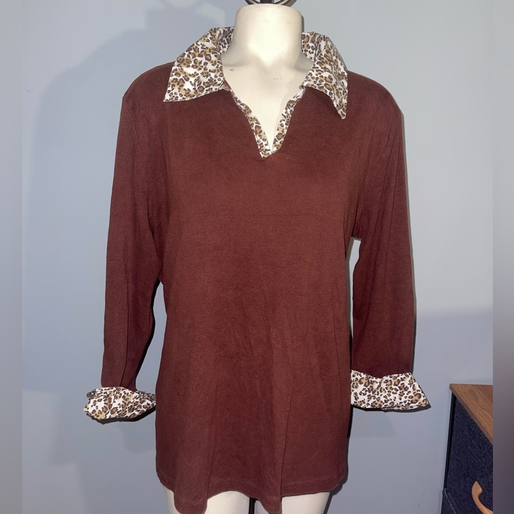 Bobbie Brooks Brown Top with Leopard Accents shirt blouse size XL 3/4 sleeves